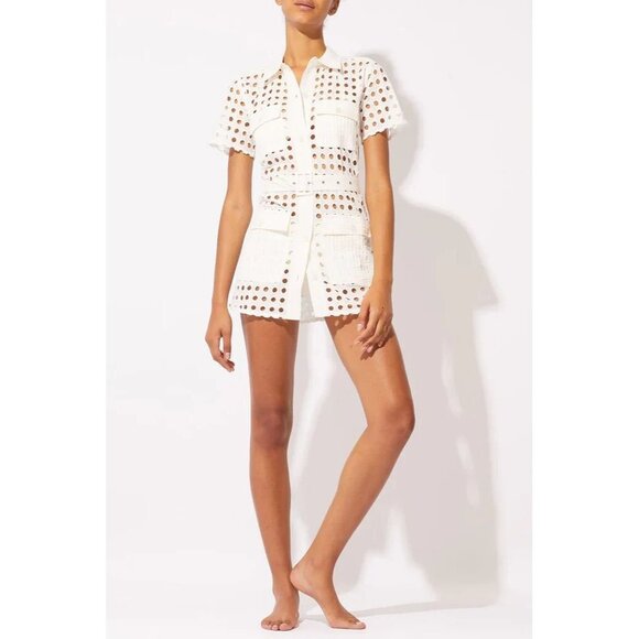SOLID & STRIPED Harper White Cotton Eyelet Belted Shirt Dress Cover-Up, Size S - Picture 1 of 16